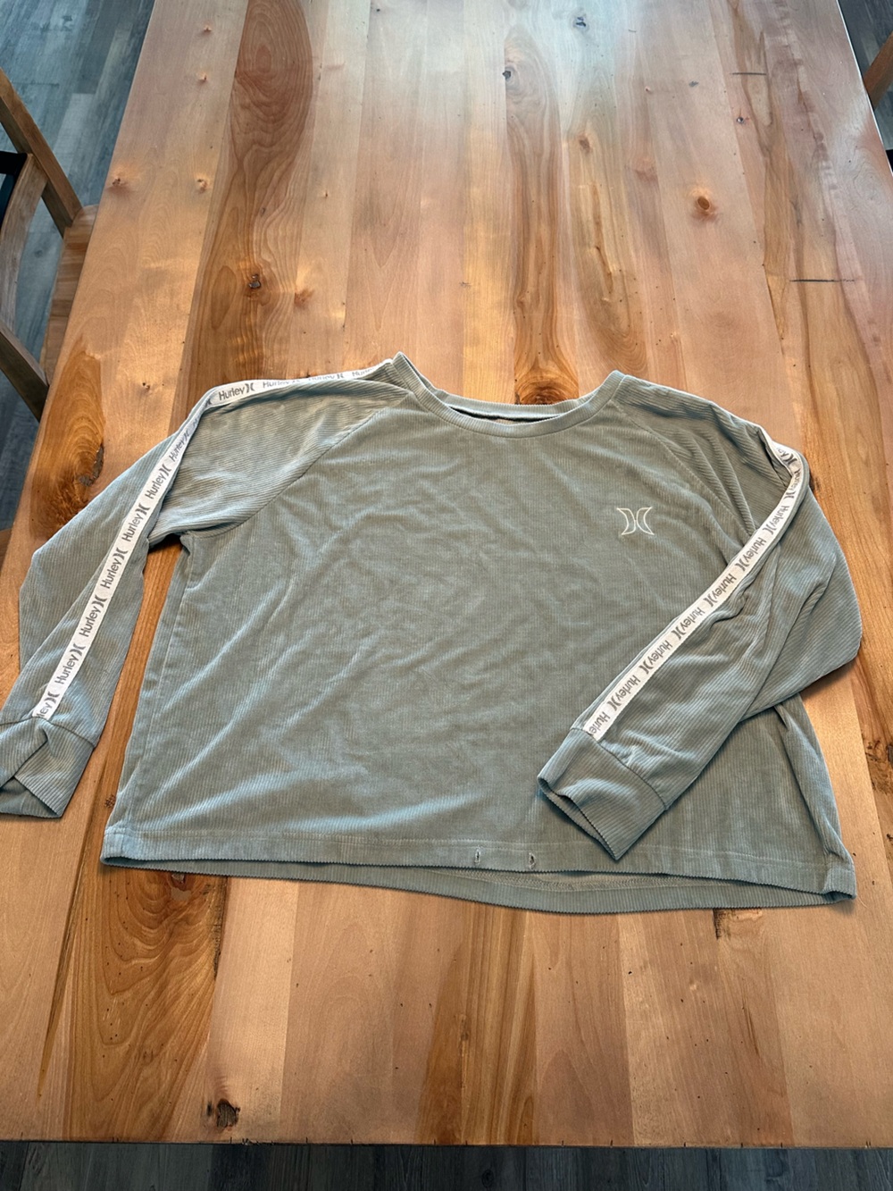 Hurley Sage Green Ribbed Long Sleeve Top with Branded Sleeve Tape